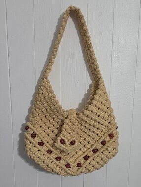 Hand Woven Macrame Beige Beaded Shouldder Bag